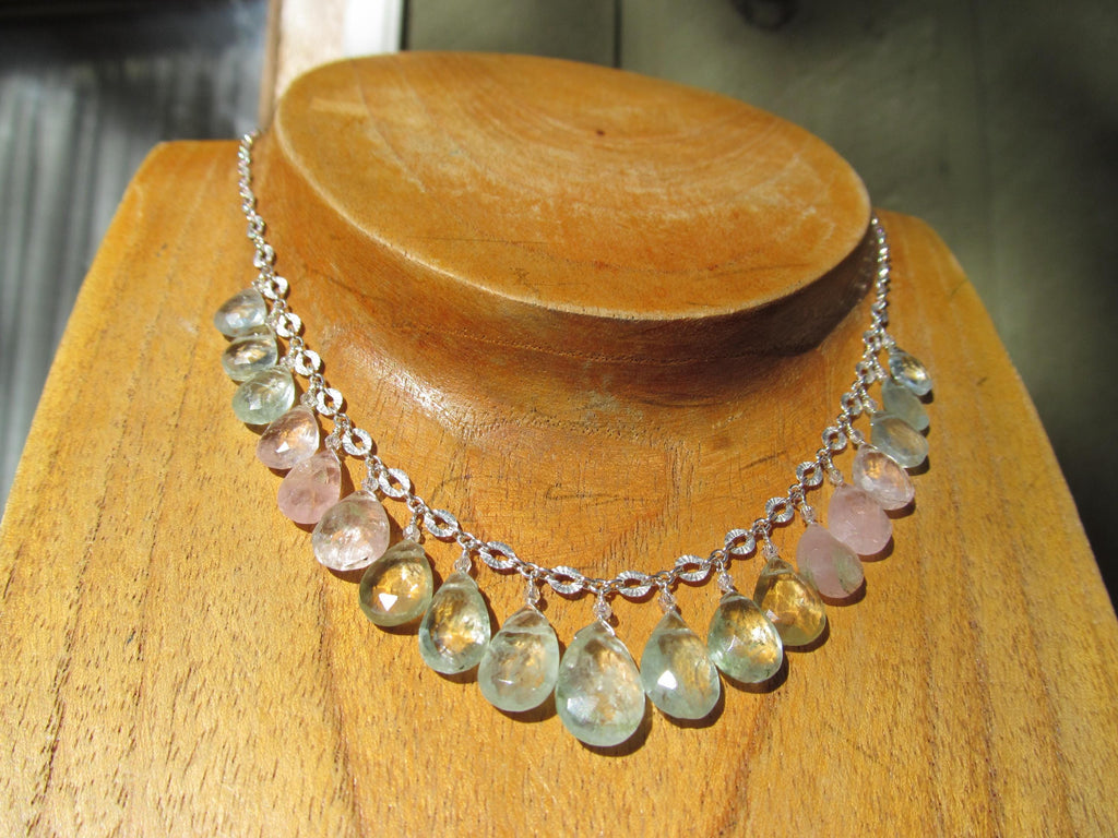 RAINBOW AQUAMARINE faceted briolette beads Sterling Silver necklace