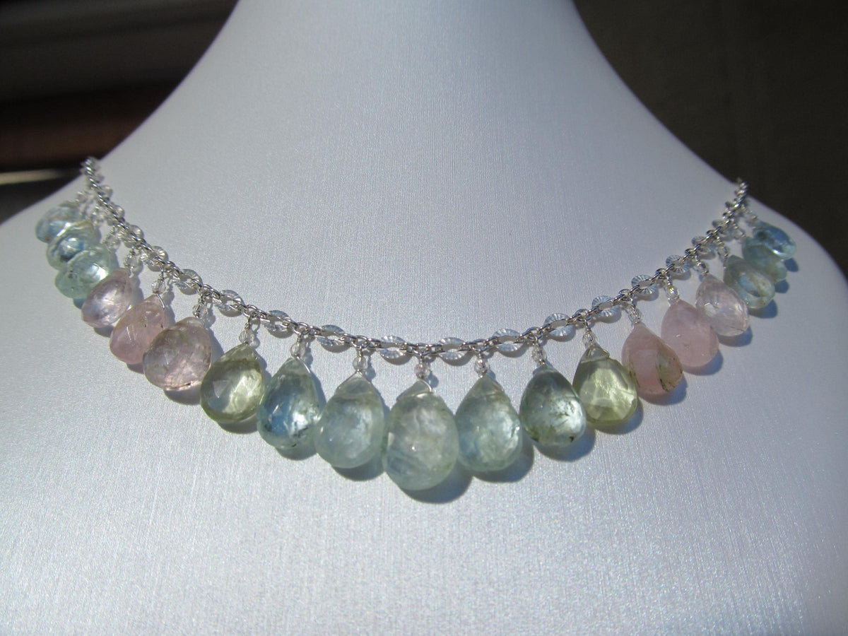 RAINBOW AQUAMARINE faceted briolette beads Sterling Silver necklace