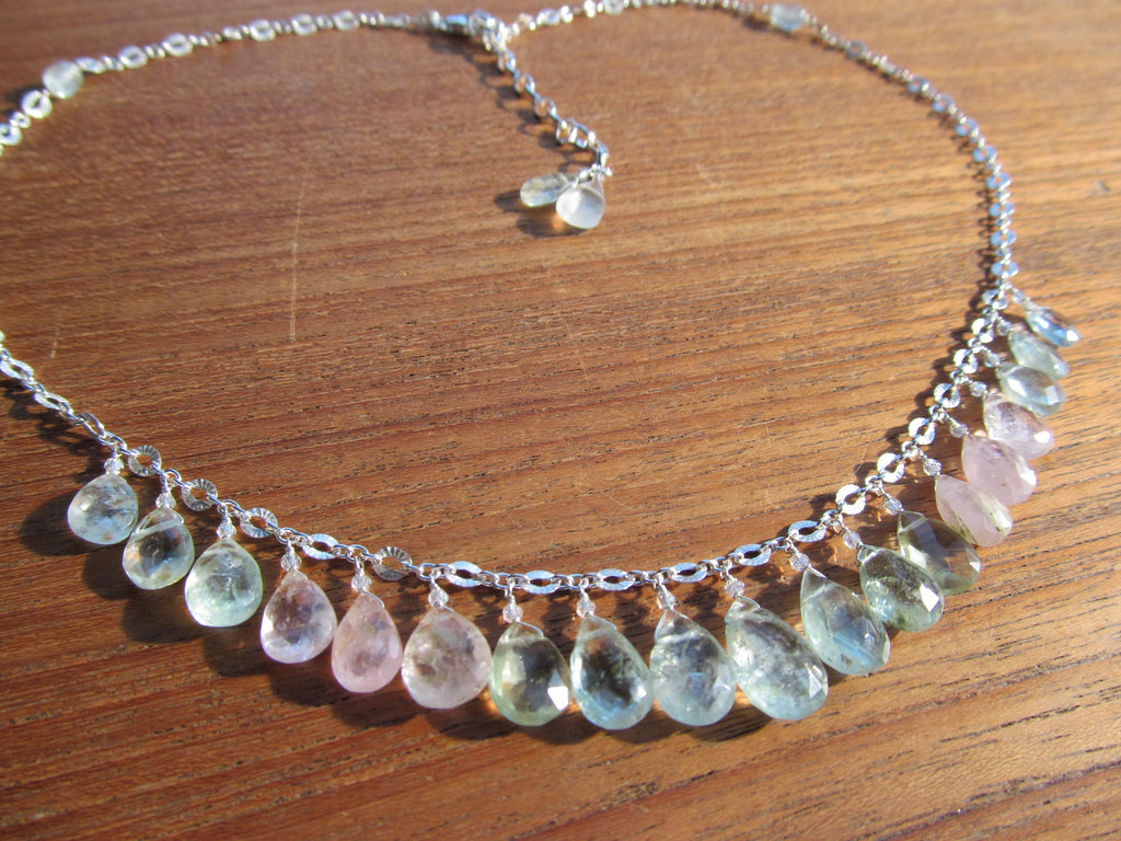 RAINBOW AQUAMARINE faceted briolette beads Sterling Silver necklace