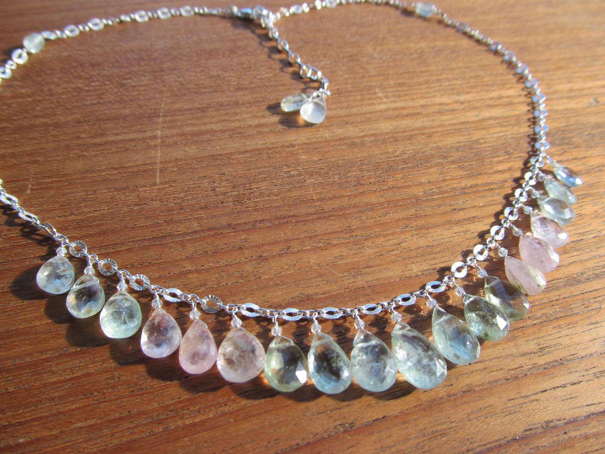 RAINBOW AQUAMARINE faceted briolette beads Sterling Silver necklace