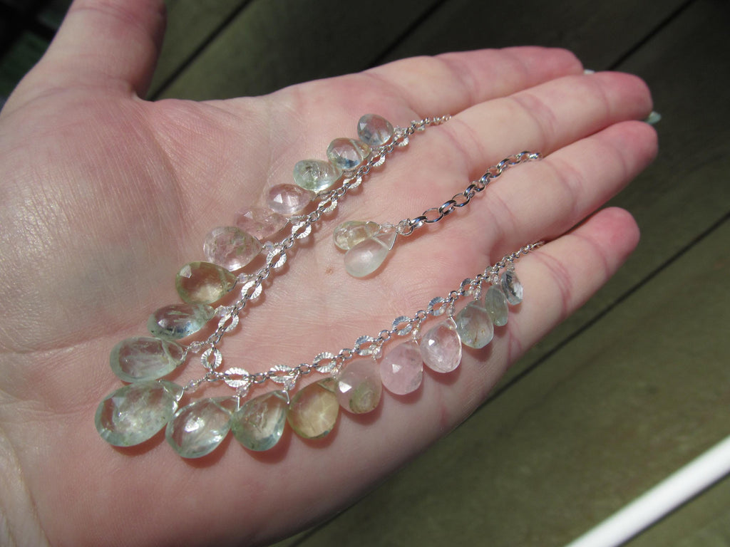 RAINBOW AQUAMARINE faceted briolette beads Sterling Silver necklace