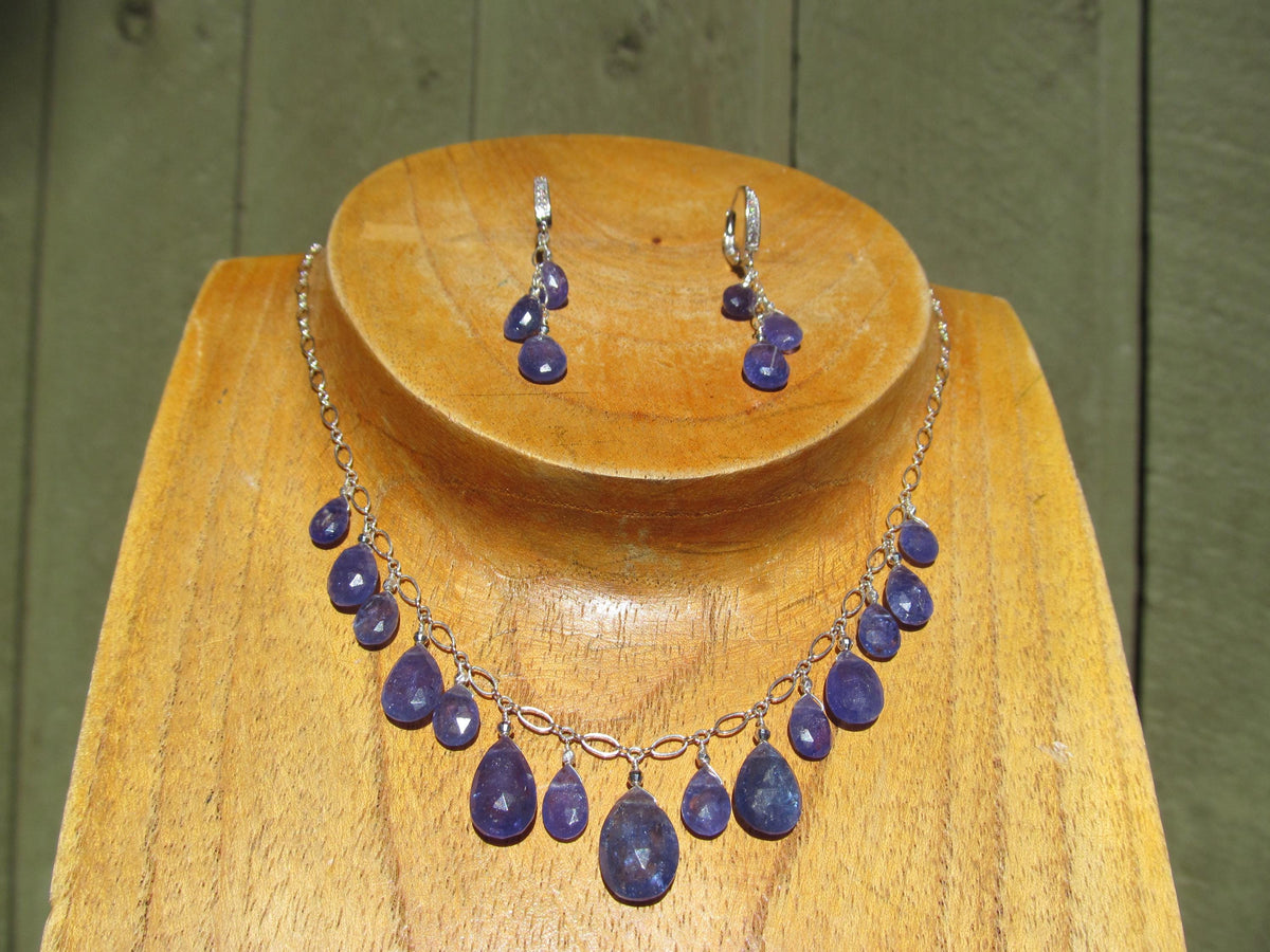 Natural TANZANITE faceted briolette beads Sterling Silver necklace & earrings set