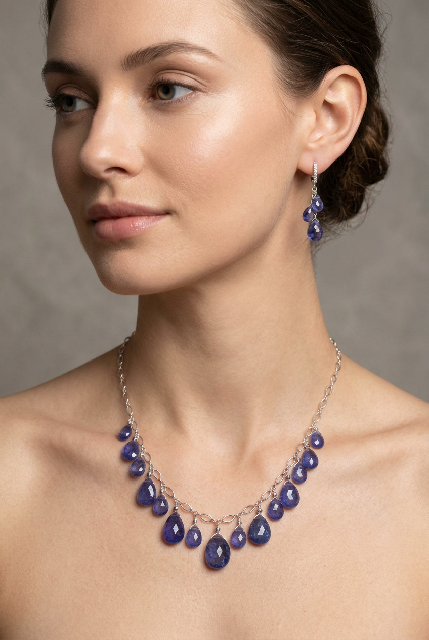 Natural TANZANITE faceted briolette beads Sterling Silver necklace & earrings set
