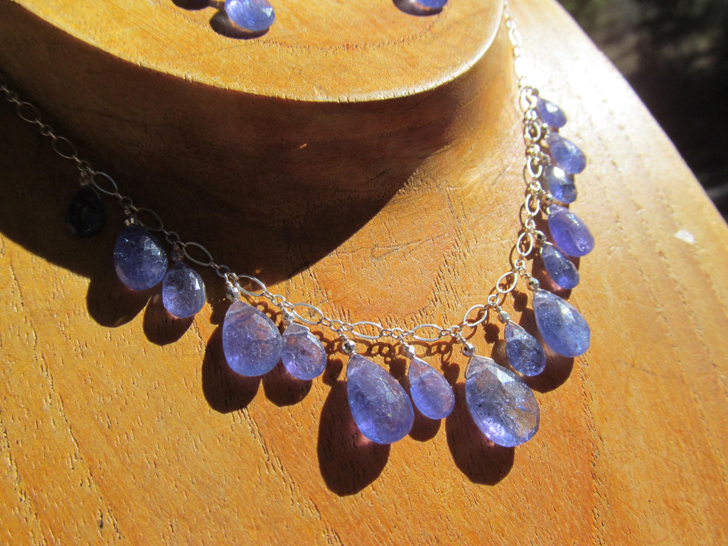 Natural TANZANITE faceted briolette beads Sterling Silver necklace & earrings set