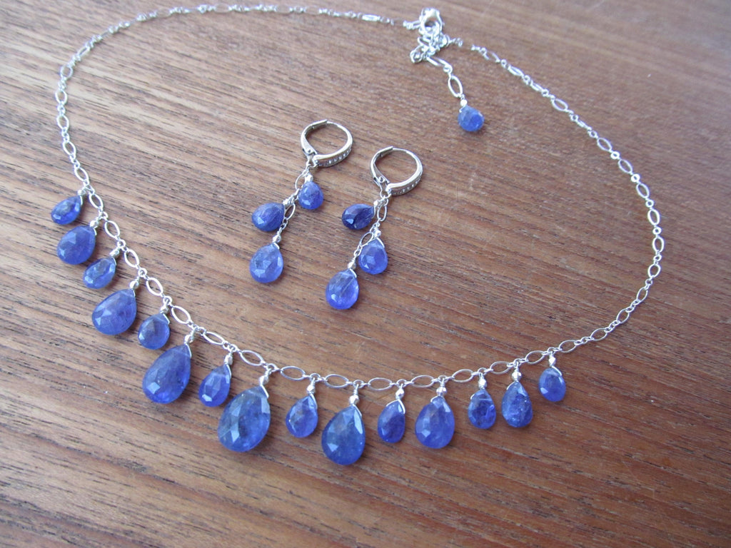 Natural TANZANITE faceted briolette beads Sterling Silver necklace & earrings set