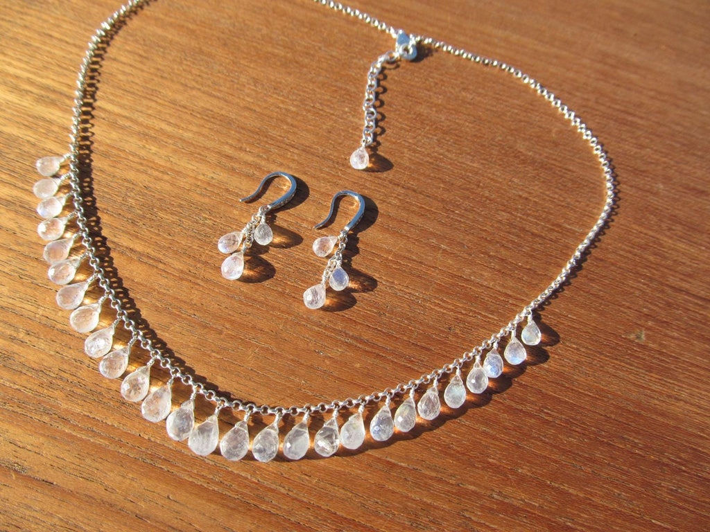 RAINBOW MOONSTONE micro-faceted briolette teardrop beads sterling silver Necklace Set