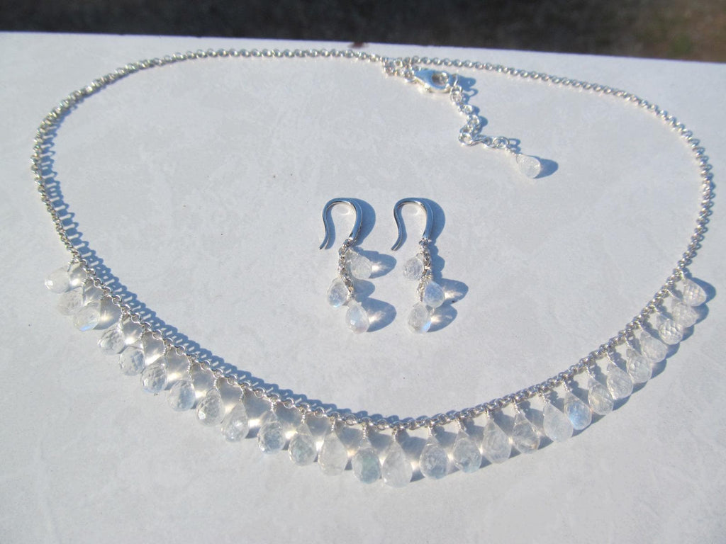 RAINBOW MOONSTONE micro-faceted briolette teardrop beads sterling silver Necklace Set