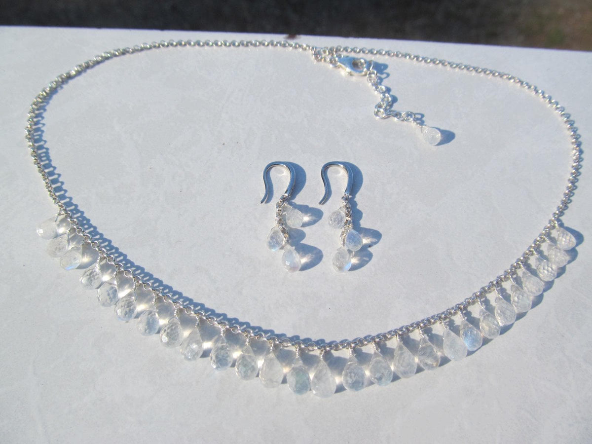 RAINBOW MOONSTONE micro-faceted briolette teardrop beads sterling silver Necklace Set