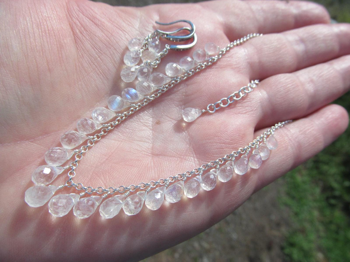 RAINBOW MOONSTONE micro-faceted briolette teardrop beads sterling silver Necklace Set