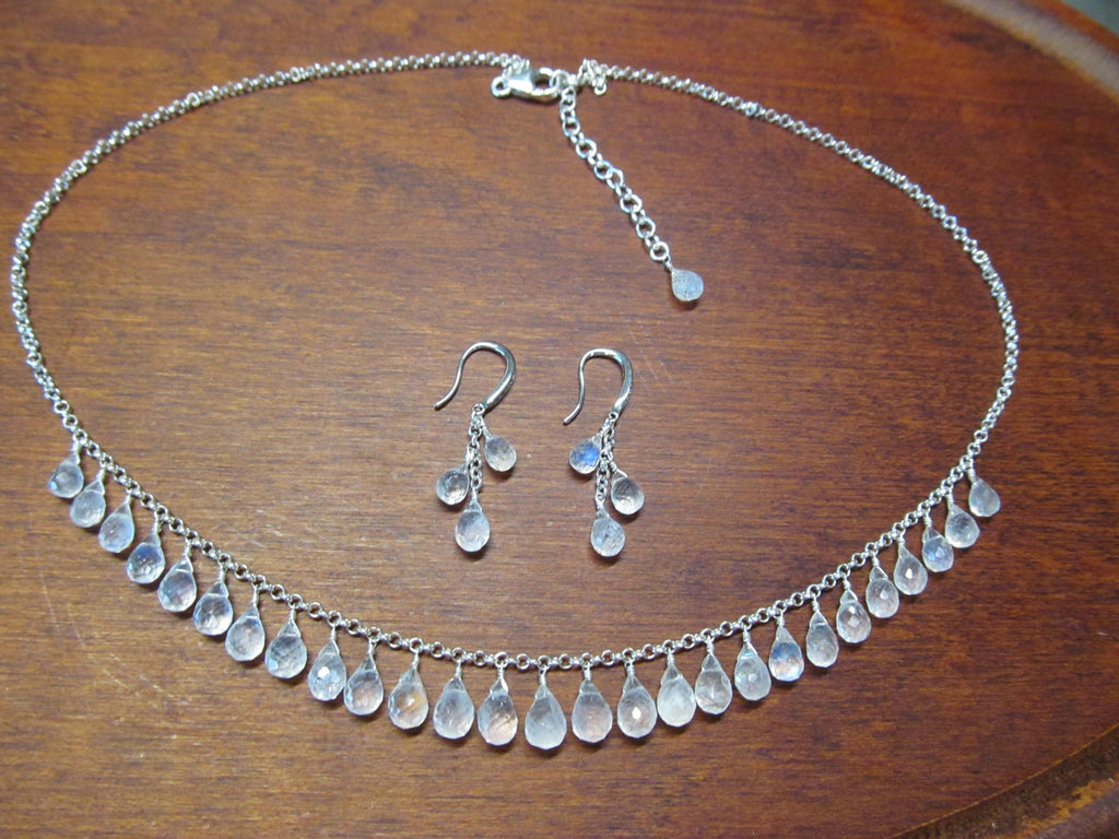 RAINBOW MOONSTONE micro-faceted briolette teardrop beads sterling silver Necklace Set