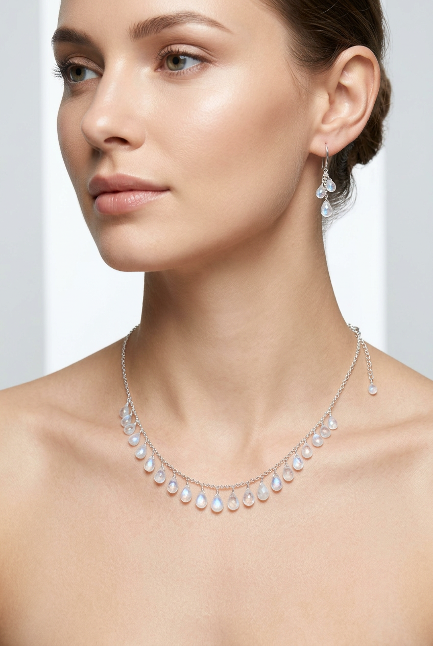 RAINBOW MOONSTONE micro-faceted briolette teardrop beads sterling silver Necklace Set