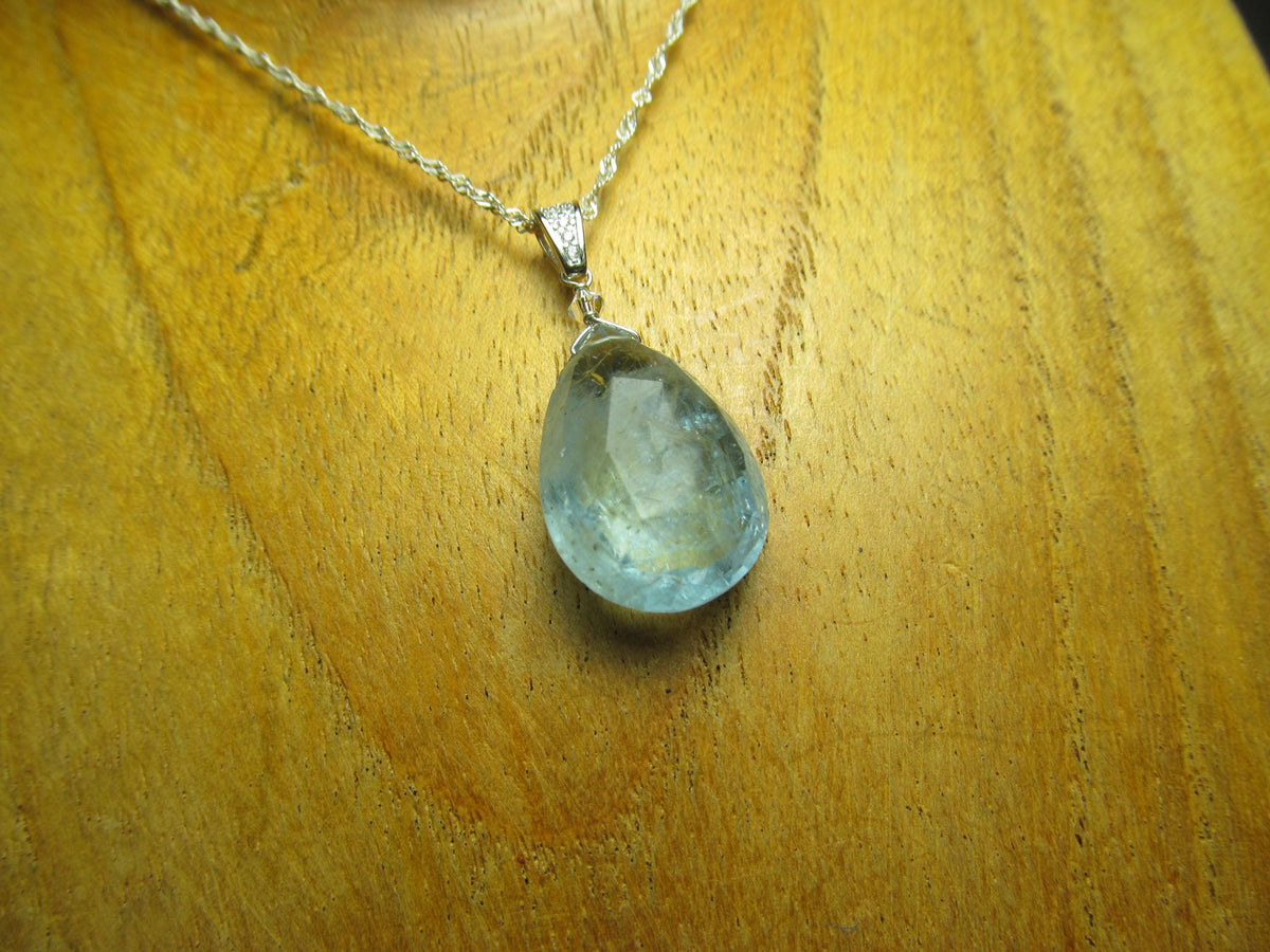 AQUAMARINE faceted pear briolette bead Sterling Silver CZ Pendant