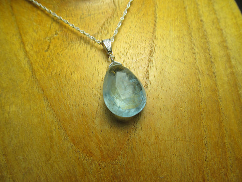 AQUAMARINE faceted pear briolette bead Sterling Silver CZ Pendant