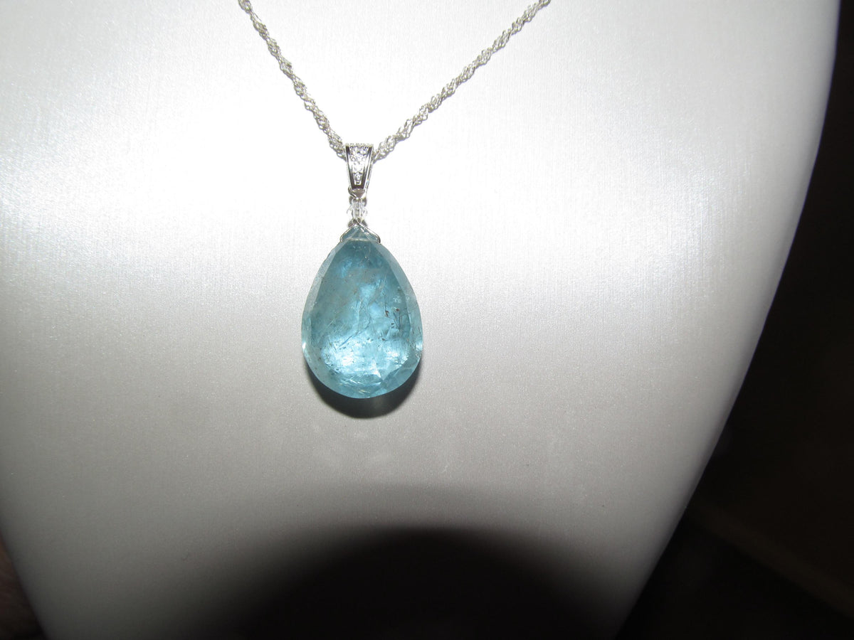AQUAMARINE faceted pear briolette bead Sterling Silver CZ Pendant