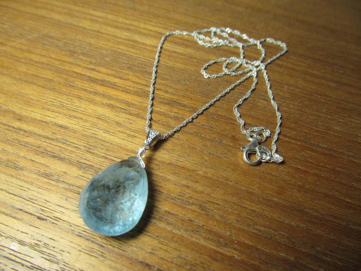 AQUAMARINE faceted pear briolette bead Sterling Silver CZ Pendant