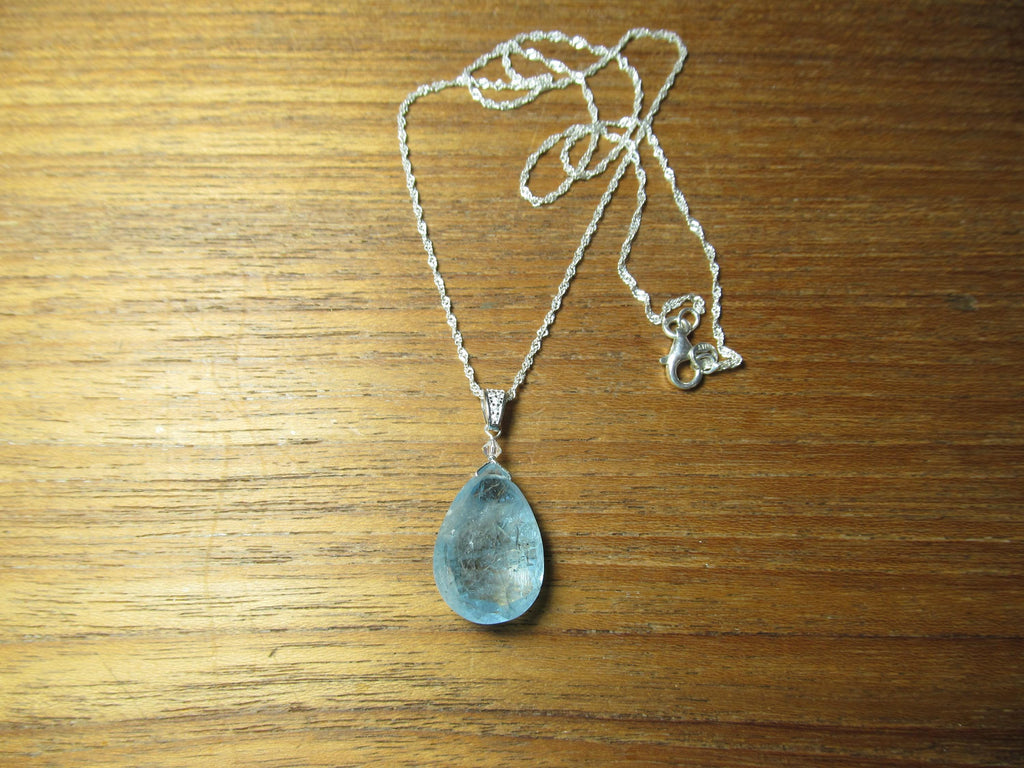 AQUAMARINE faceted pear briolette bead Sterling Silver CZ Pendant
