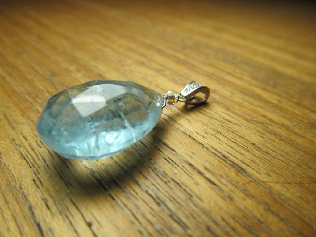 AQUAMARINE faceted pear briolette bead Sterling Silver CZ Pendant