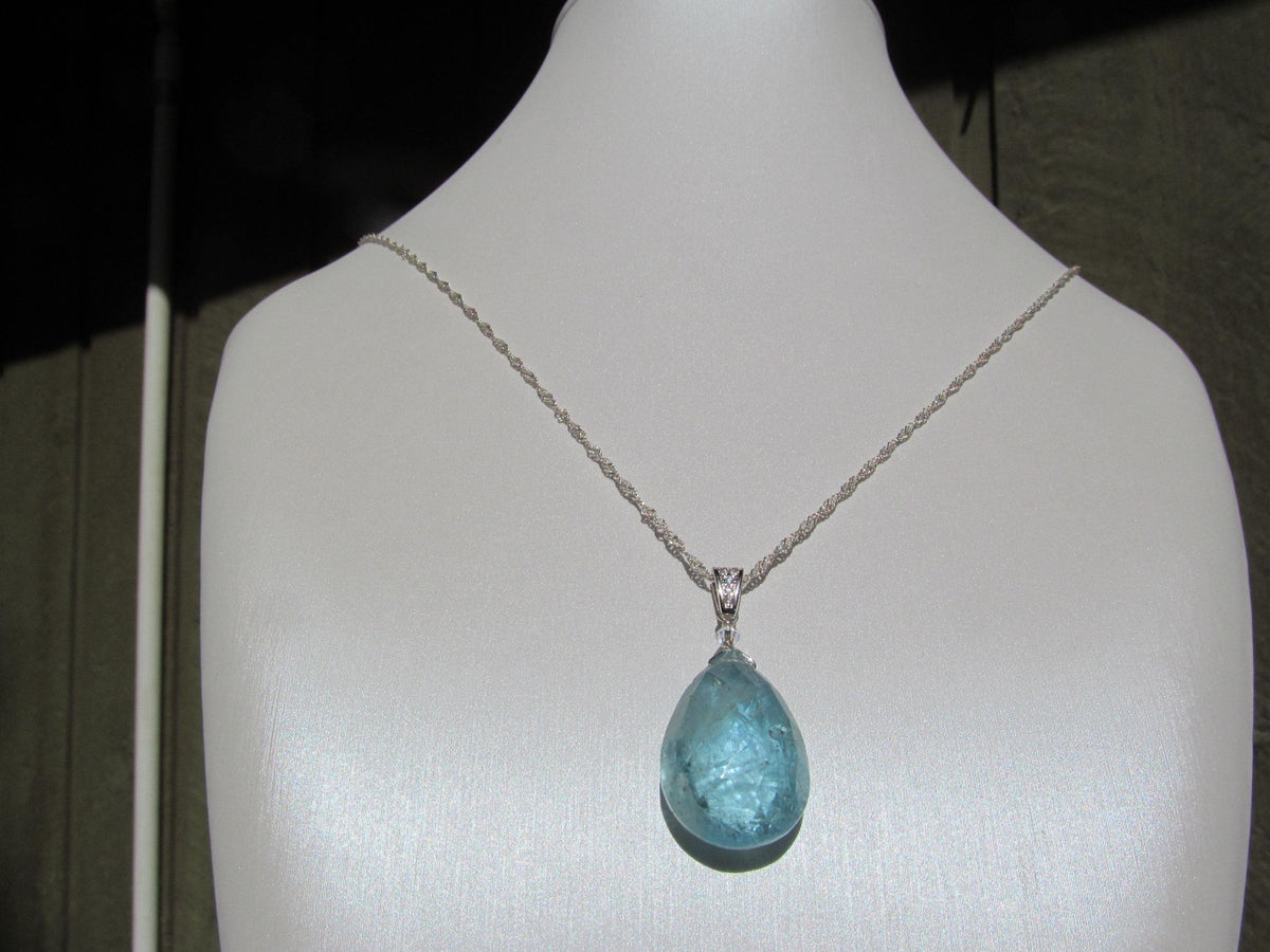 AQUAMARINE faceted pear briolette bead Sterling Silver CZ Pendant