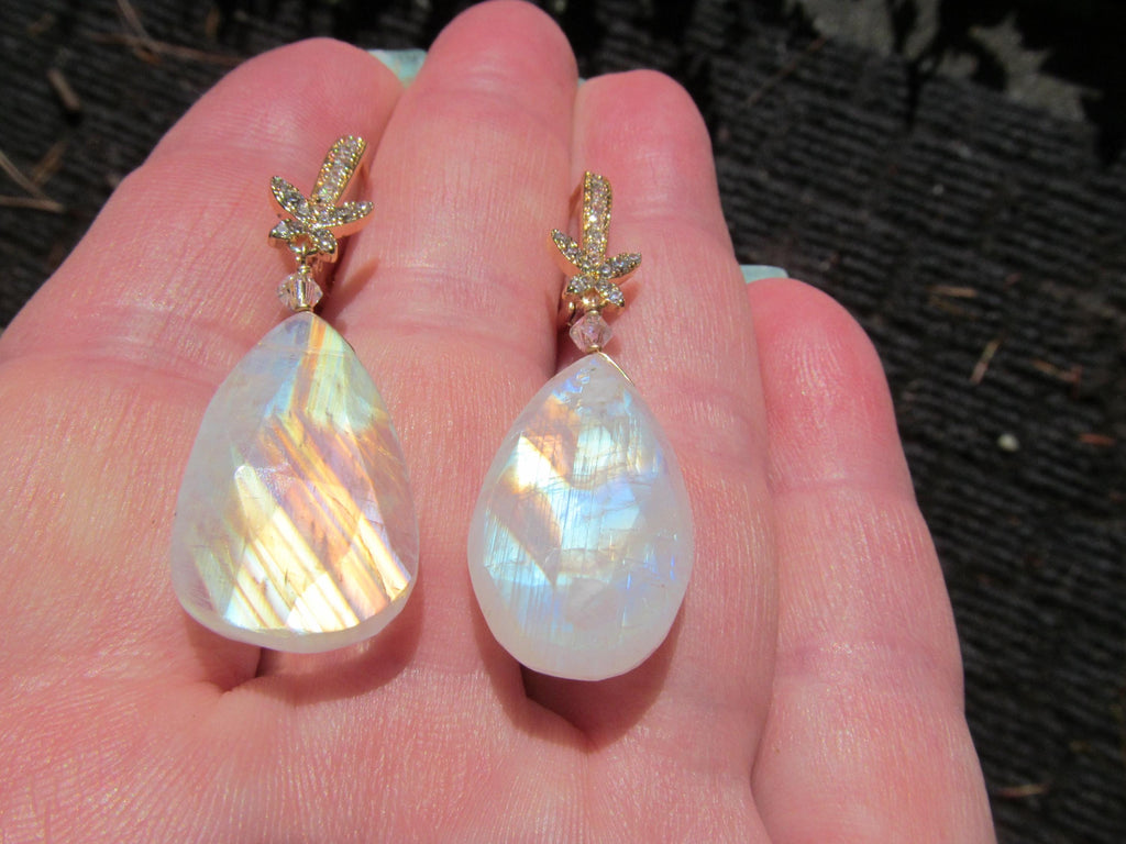RAINBOW MOONSTONE faceted Teardrop beads 14k Gold Fill/Plated cz Drop Earrings