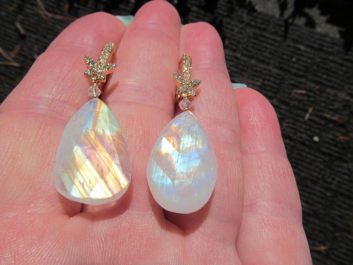 RAINBOW MOONSTONE faceted Teardrop beads 14k Gold Fill/Plated cz Drop Earrings