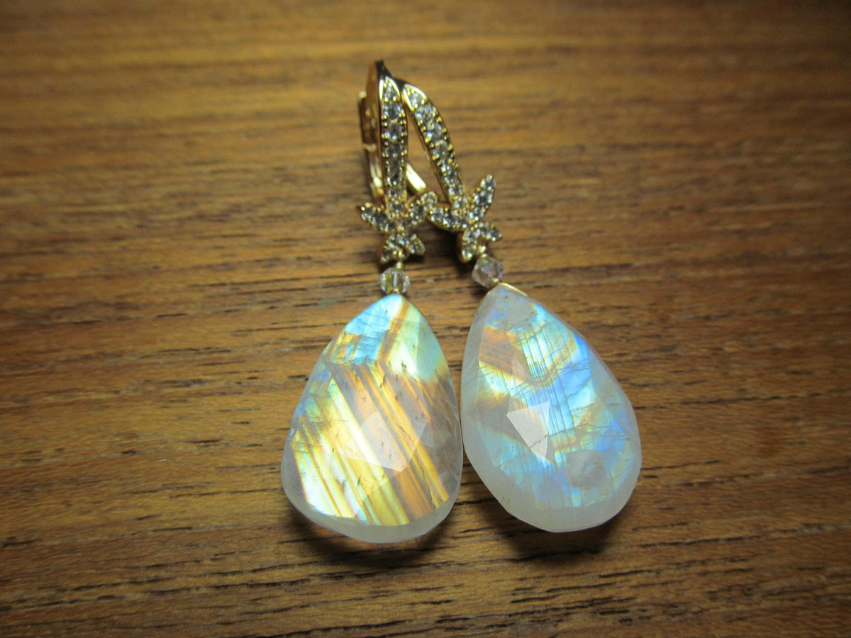 RAINBOW MOONSTONE faceted Teardrop beads 14k Gold Fill/Plated cz Drop Earrings
