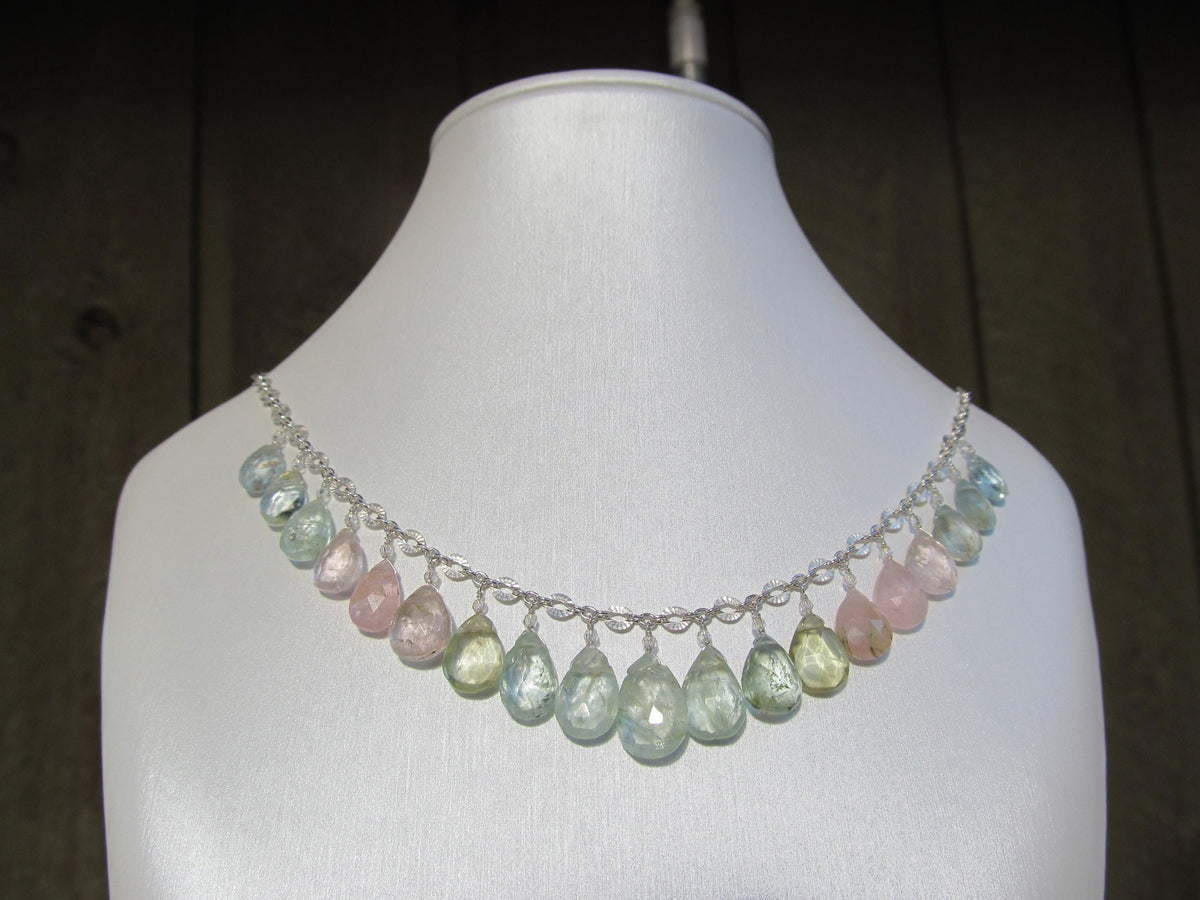 RAINBOW AQUAMARINE faceted briolette beads Sterling Silver necklace