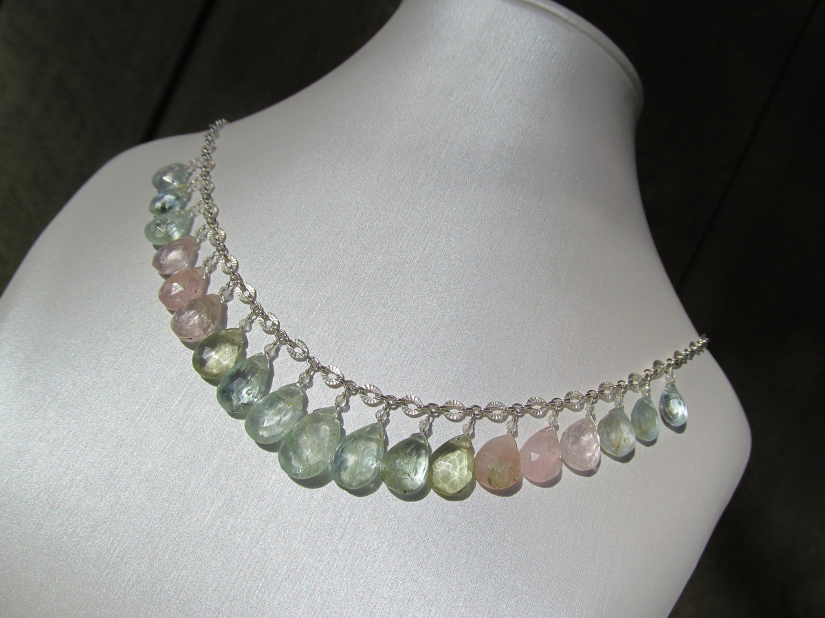 RAINBOW AQUAMARINE faceted briolette beads Sterling Silver necklace
