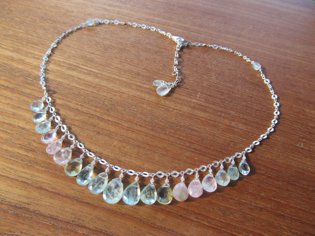 RAINBOW AQUAMARINE faceted briolette beads Sterling Silver necklace