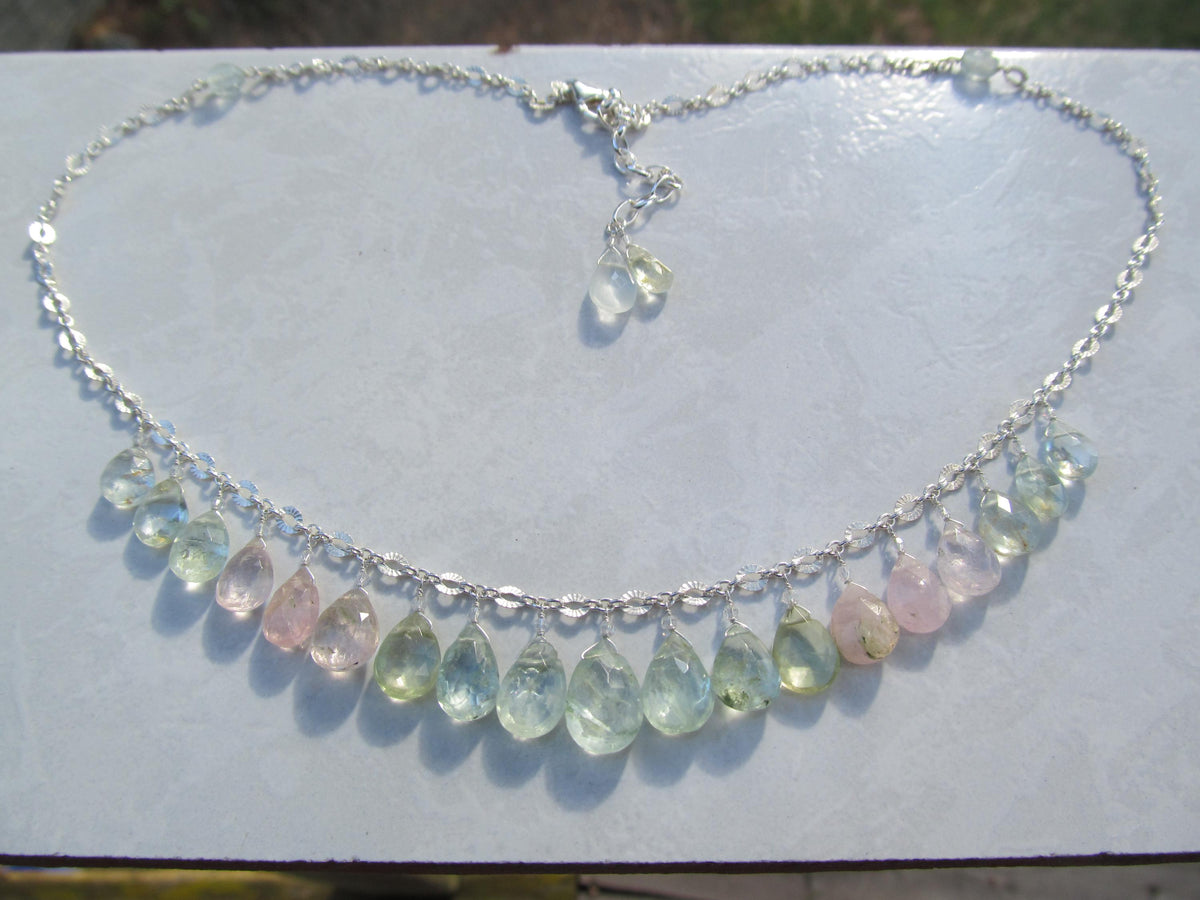 RAINBOW AQUAMARINE faceted briolette beads Sterling Silver necklace