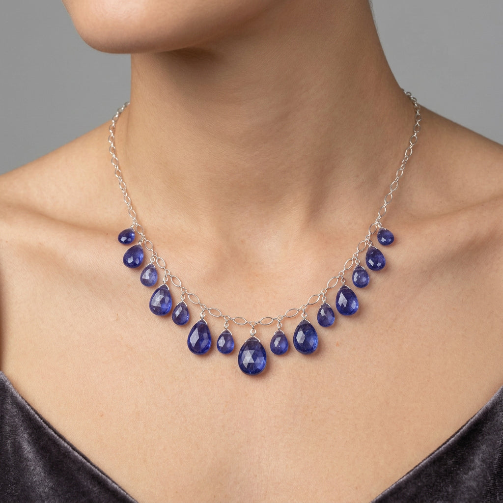 Natural TANZANITE faceted briolette beads Sterling Silver necklace & earrings set
