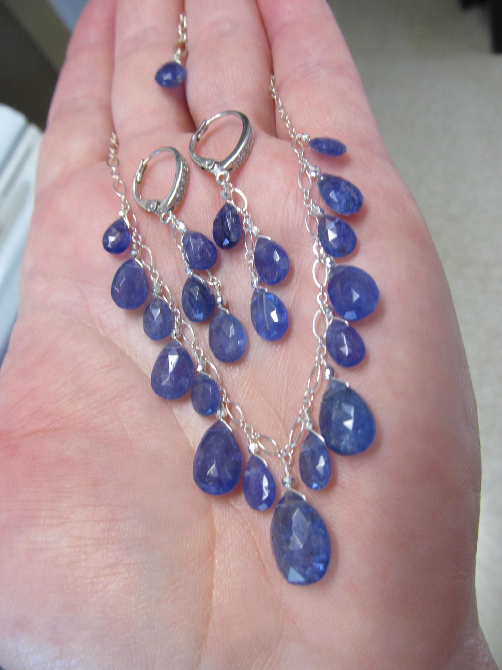 Natural TANZANITE faceted briolette beads Sterling Silver necklace & earrings set