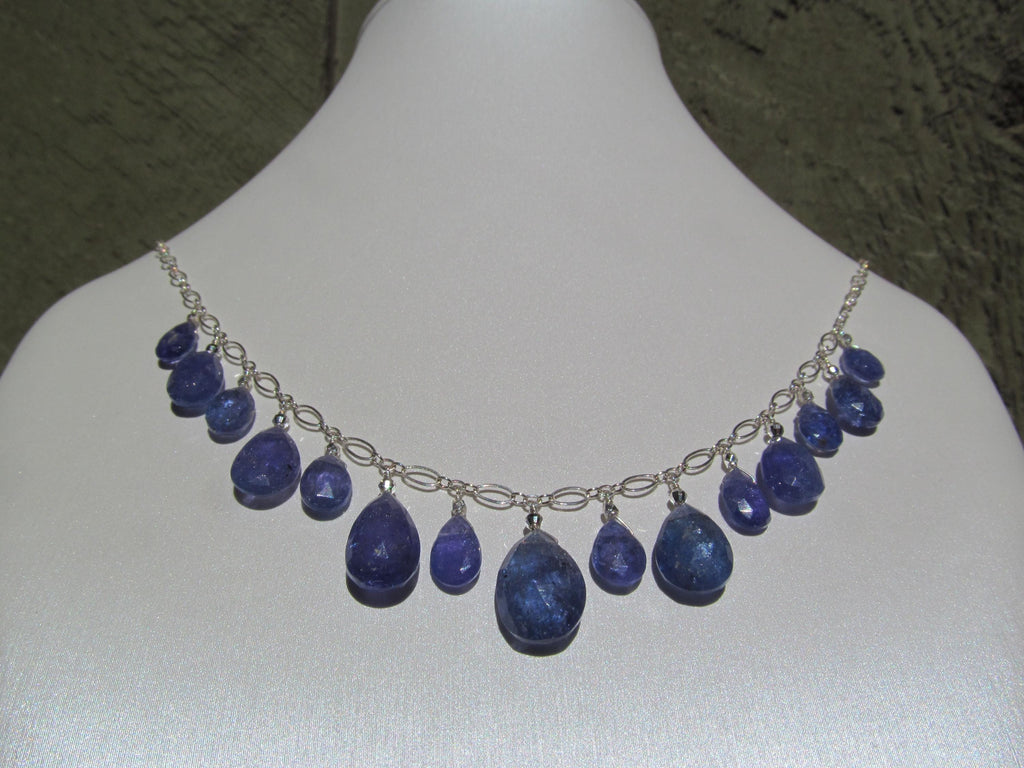 Natural TANZANITE faceted briolette beads Sterling Silver necklace & earrings set