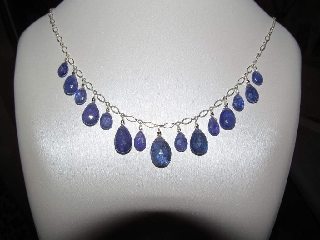 Natural TANZANITE faceted briolette beads Sterling Silver necklace & earrings set