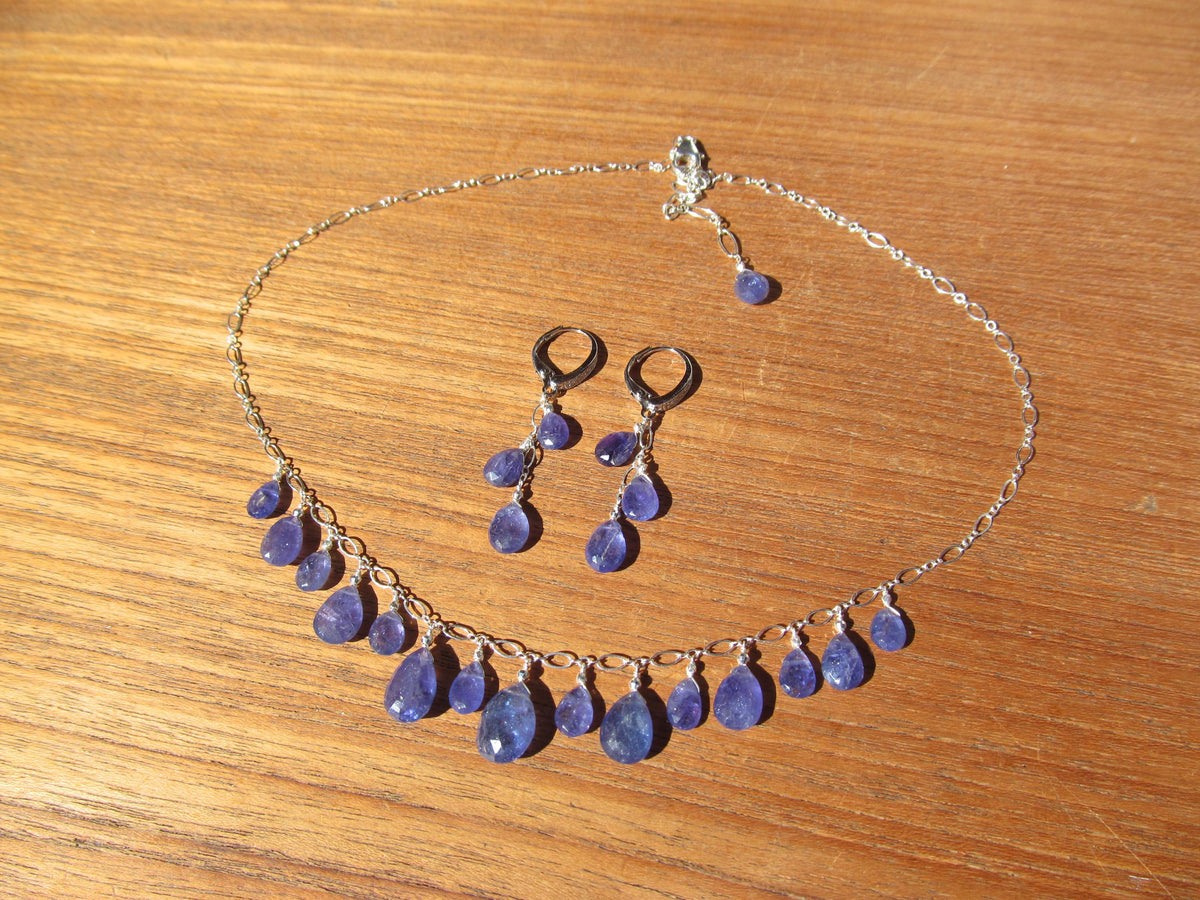 Natural TANZANITE faceted briolette beads Sterling Silver necklace & earrings set