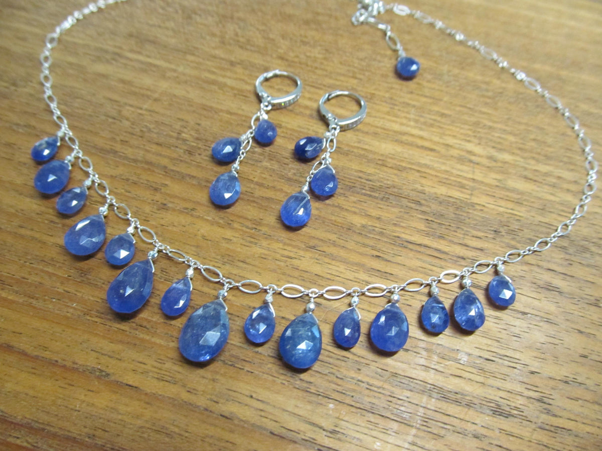 Natural TANZANITE faceted briolette beads Sterling Silver necklace & earrings set
