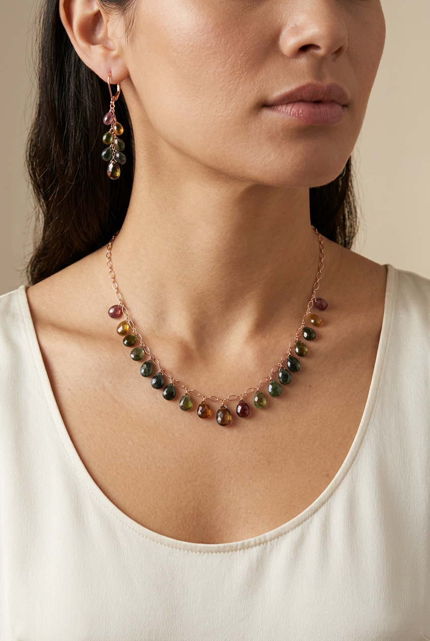 Tourmaline necklace and earrings on a model